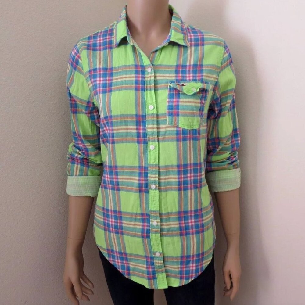 Hollister Womens Plaid Shirt Size XS Button Down Top Blouse Light Green Colorful